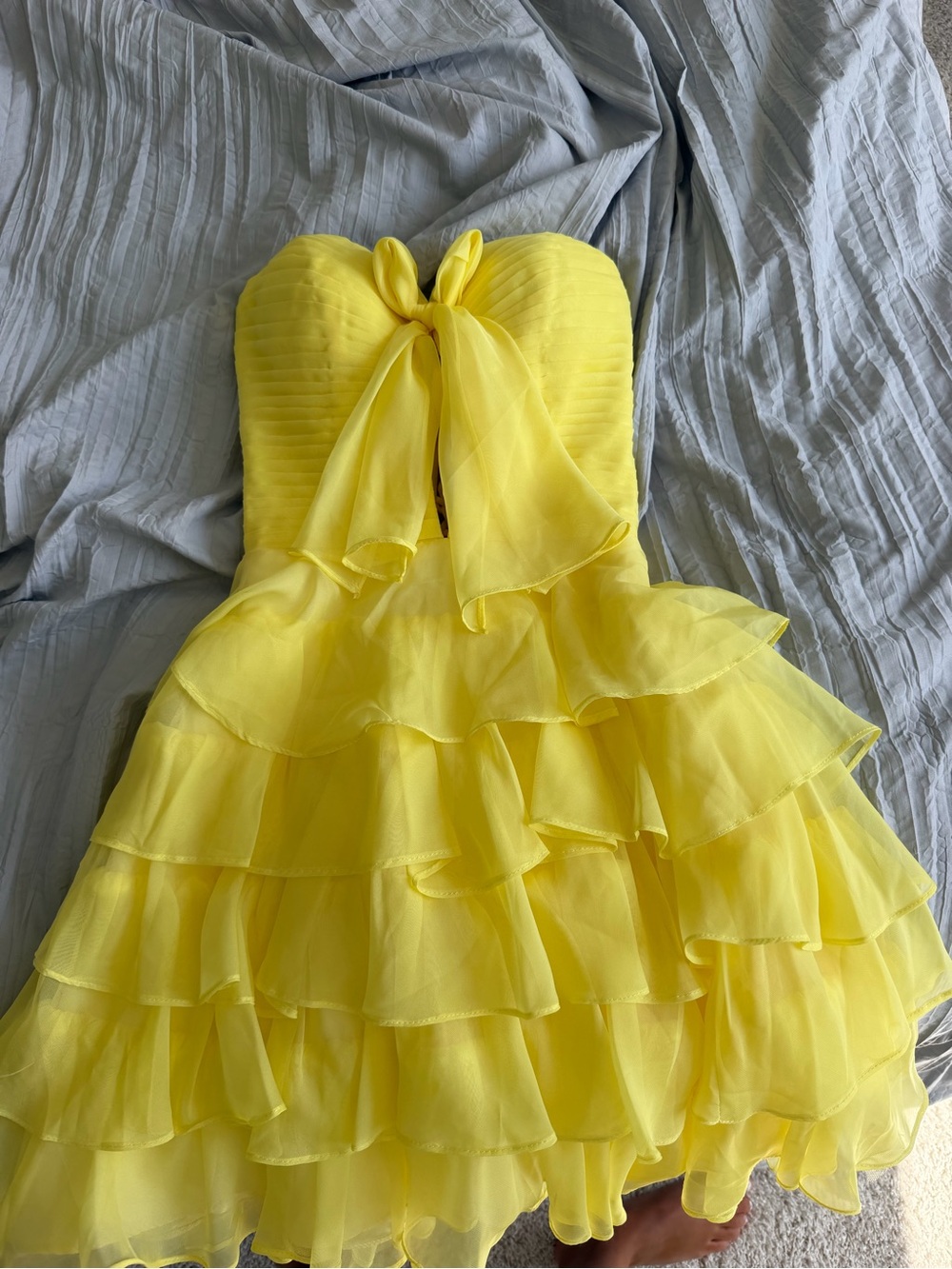 KissProm Yellow A Line Chiffron Ruffles Sweetheart Short Homecoming Dress w/ Bow